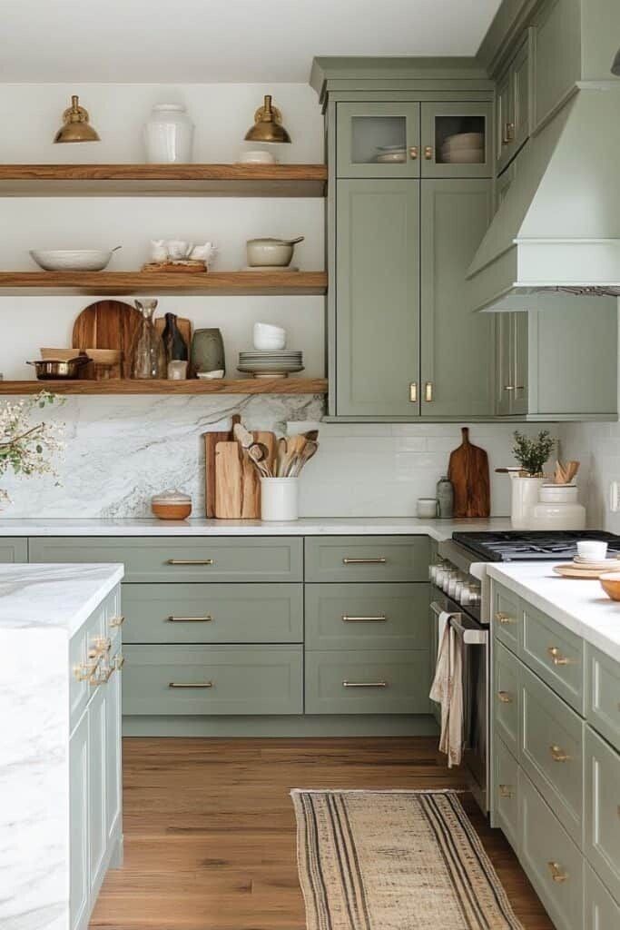 Sage green kitchen with brass hardware and open shelving