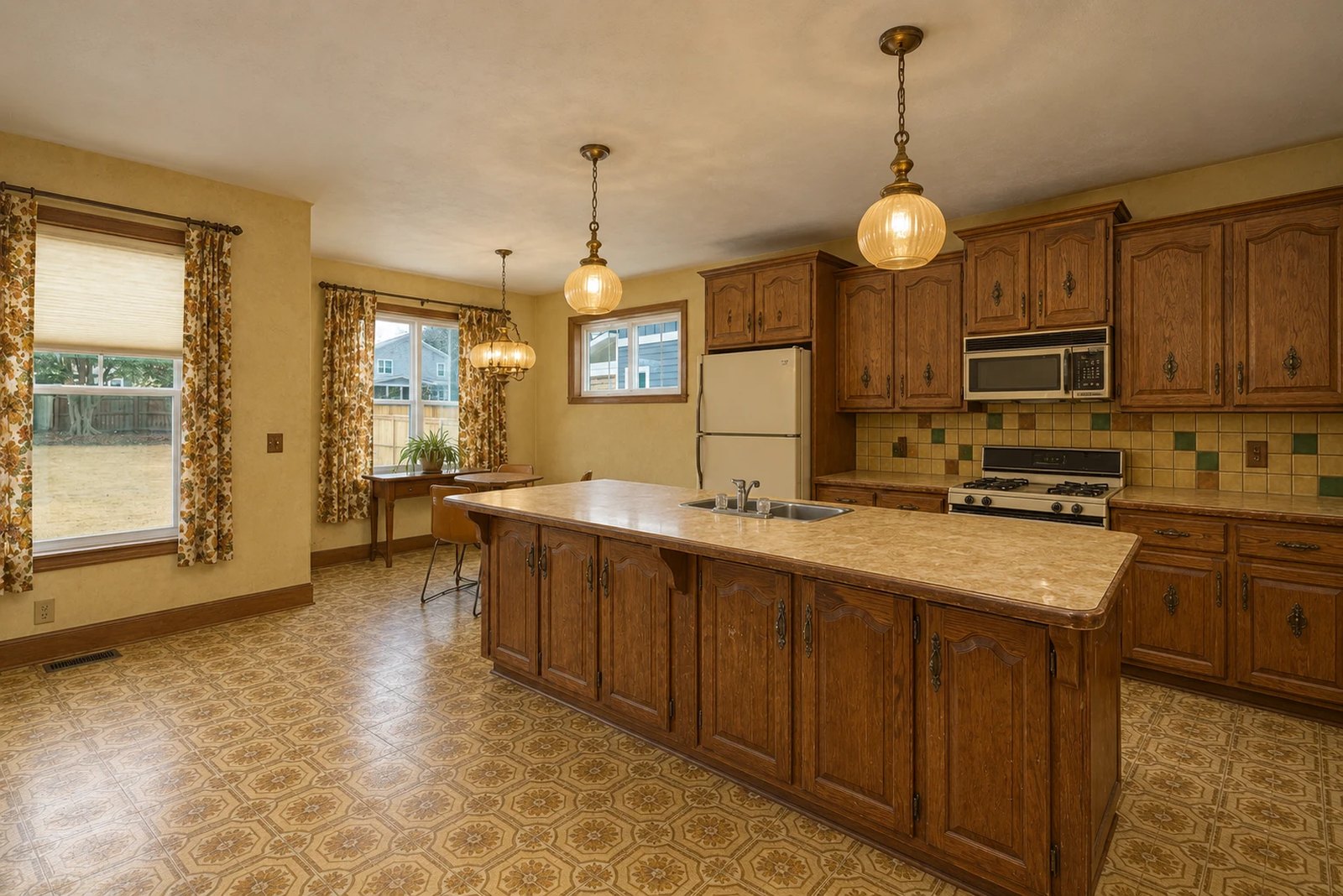 Kitchen visualizer example: dated oak kitchen previewed with white cabinets and a navy island, before